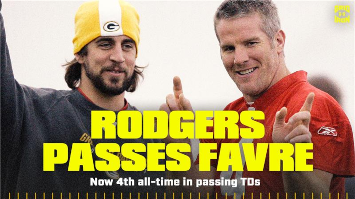 Aaron Rodgers ultrapassa Brett Favre e fica em 4º lugar na história da NFL com o 509º touchdown na carreira.