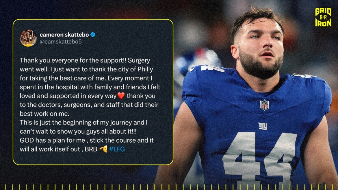 Cam Skattebo, do Giants, Agradece aos Fãs pelo Apoio Após lesão: 'Início da Minha Jornada'